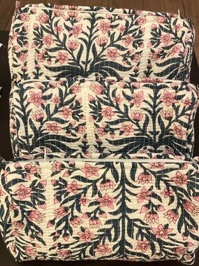 Raj Kantha Floral Quilted Cotton Cosmetic Bags in Pink, Green & Cream (Set of 3)